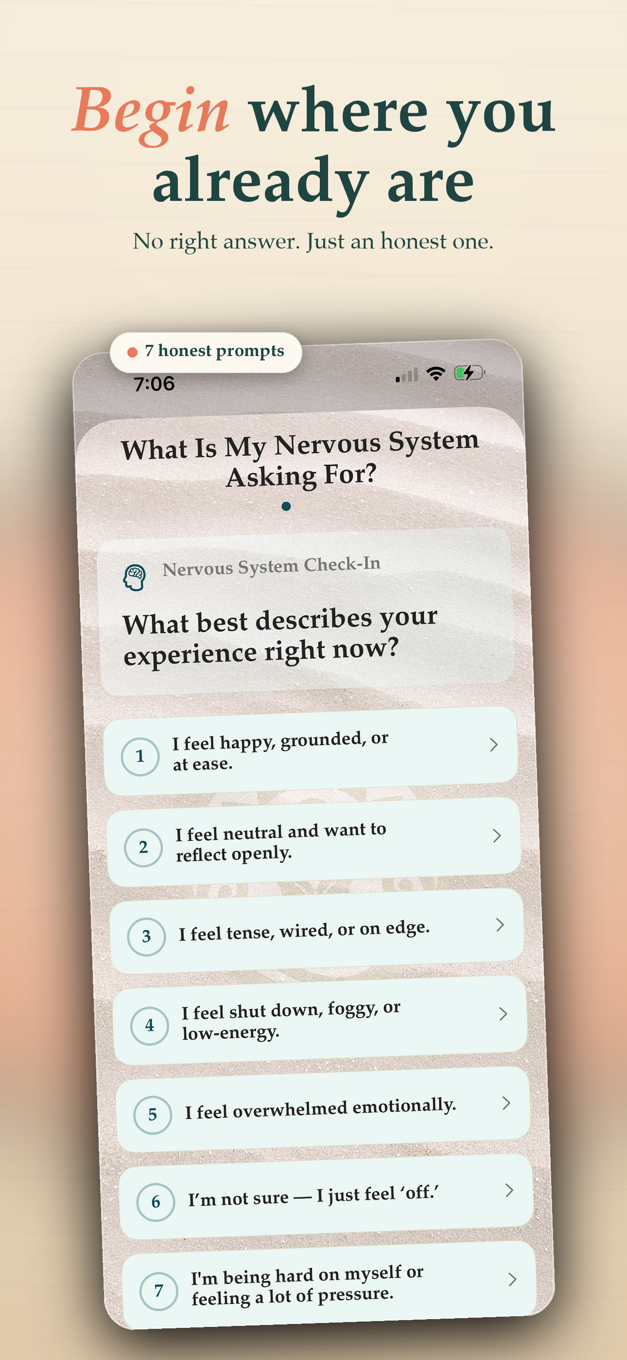 SoMana daily reflection screen — logging mood, body sensations, and nervous system state