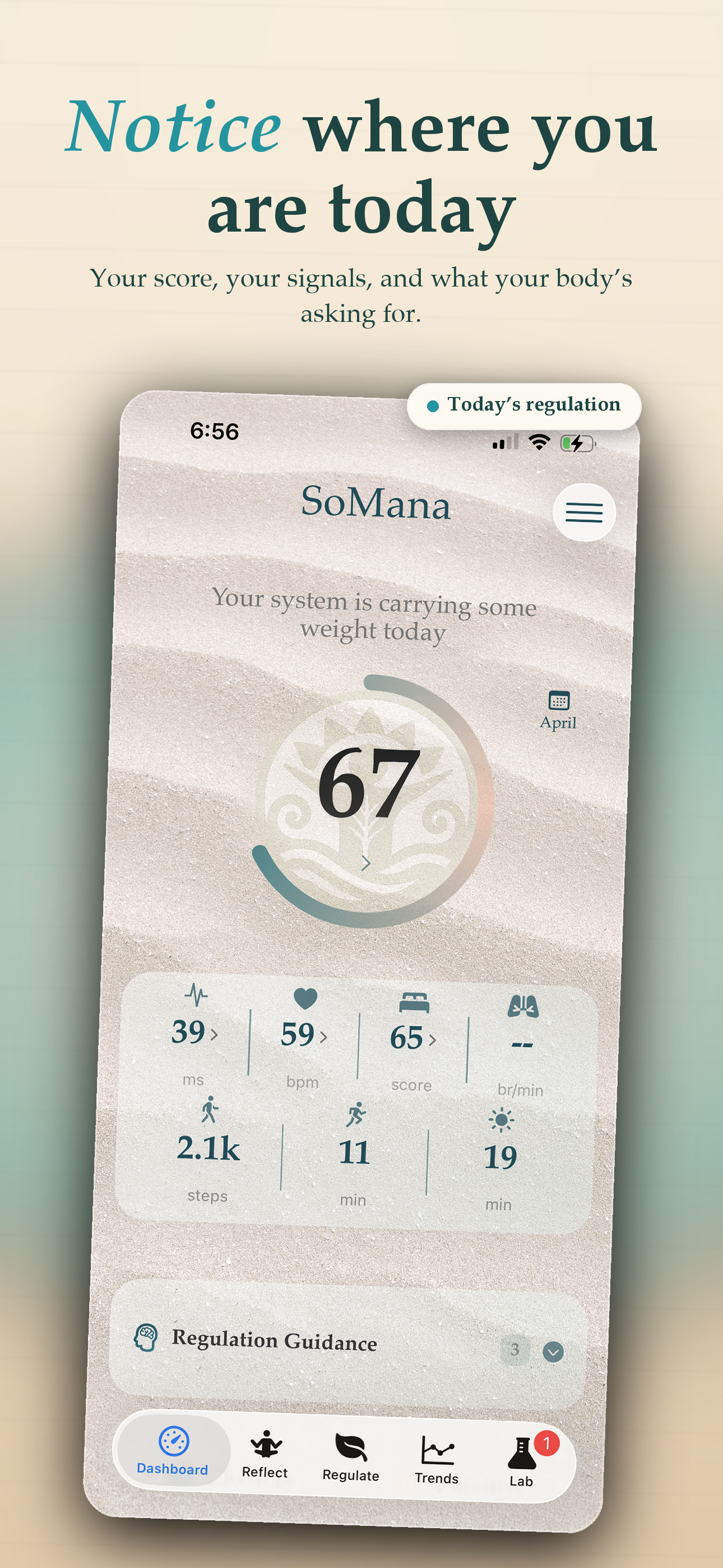 SoMana app dashboard showing a Regulation Score of 76 with HRV, heart rate, and sleep metrics